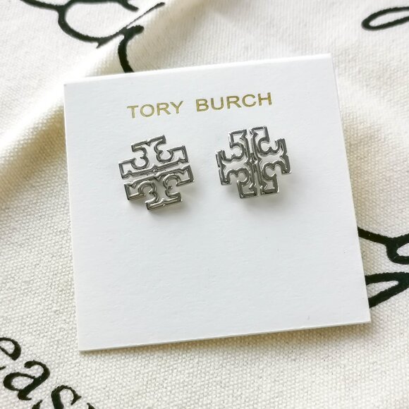 Tory Burch Jewelry - Tory Burch Stud Earrings - Britten Logo - Silver